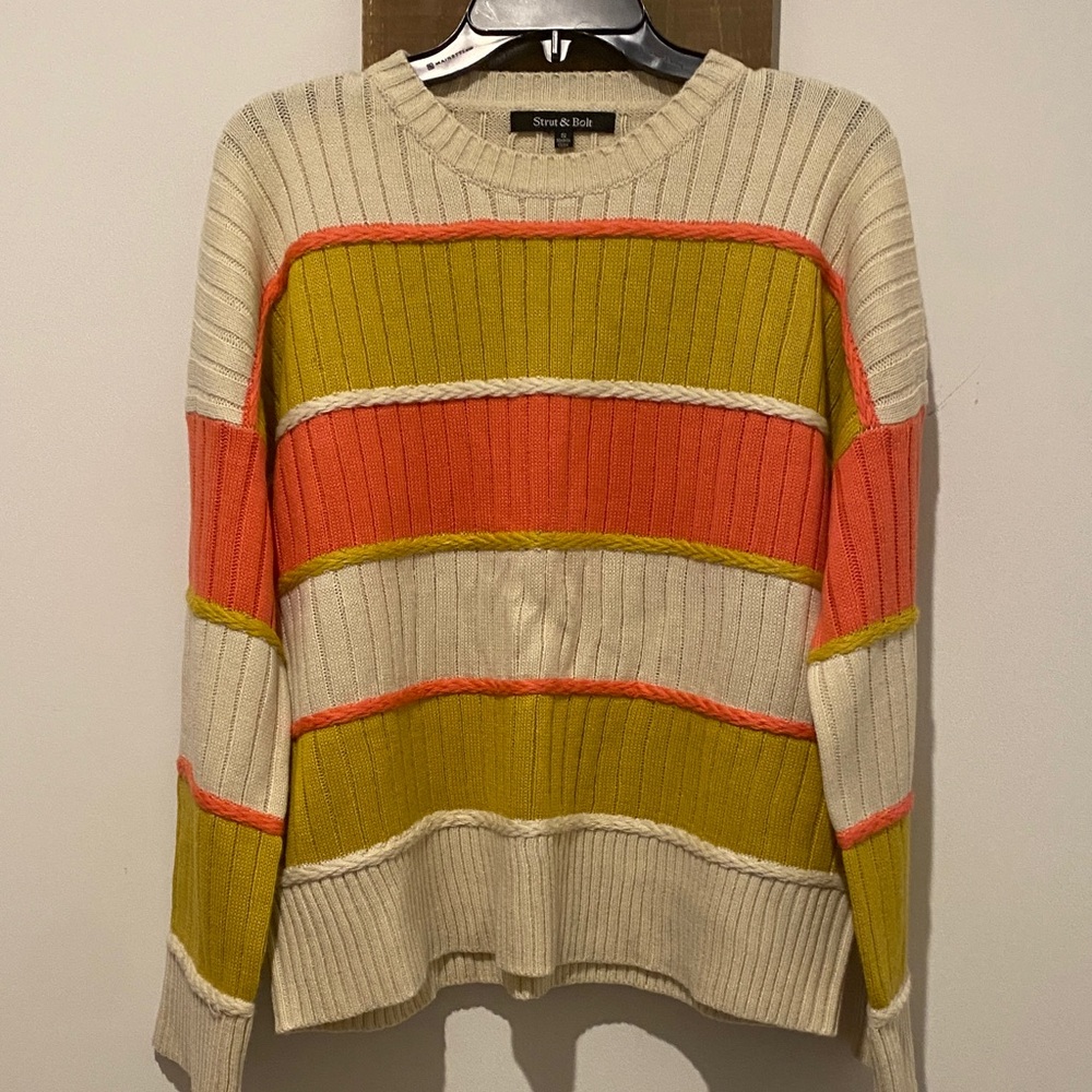 Striped Crew Neck Sweater in Cream, Orange, and Yellow